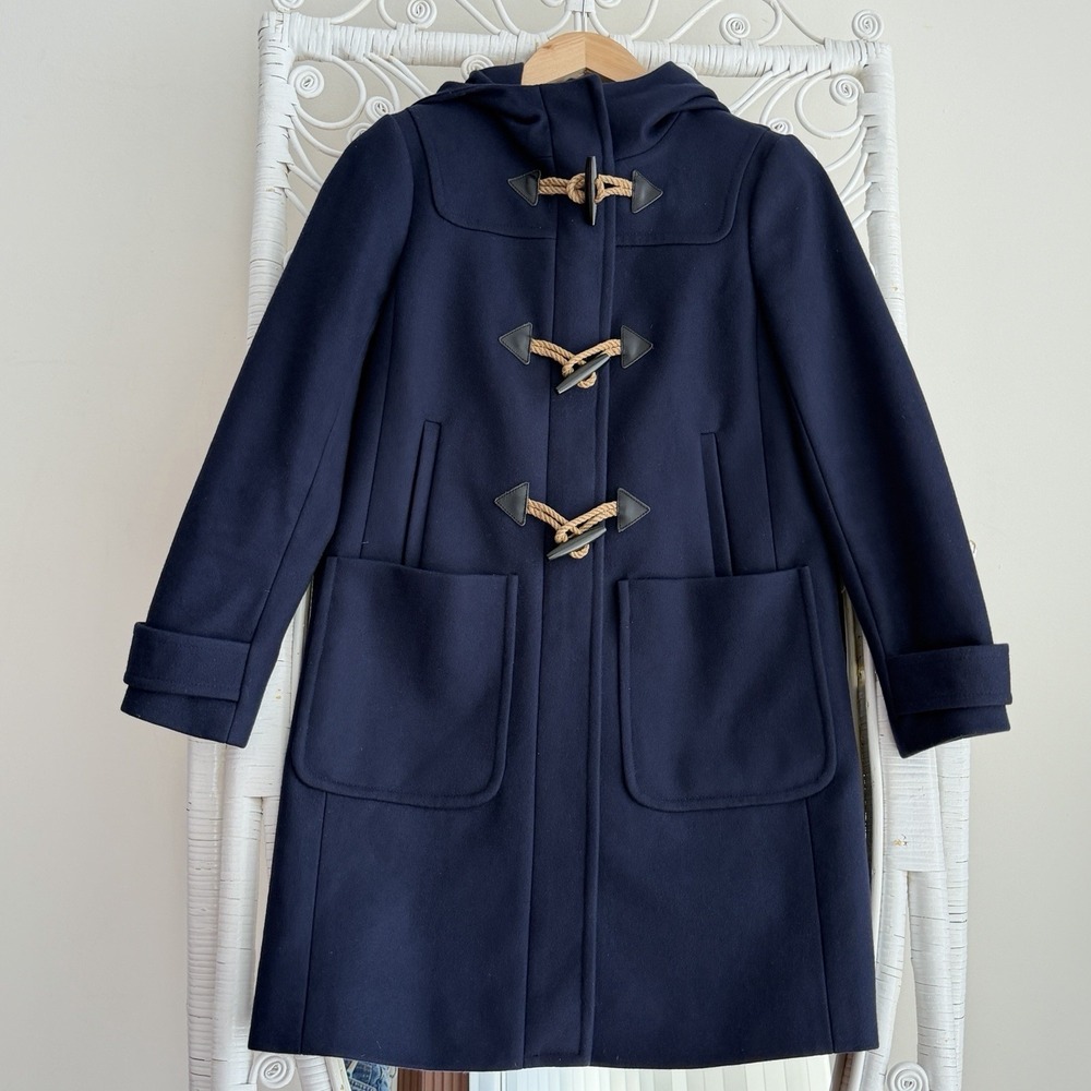 J. Crew Duffle Coat Womens 2P Navy Italian Melton Wool Toggle Hooded Jacket Luxe